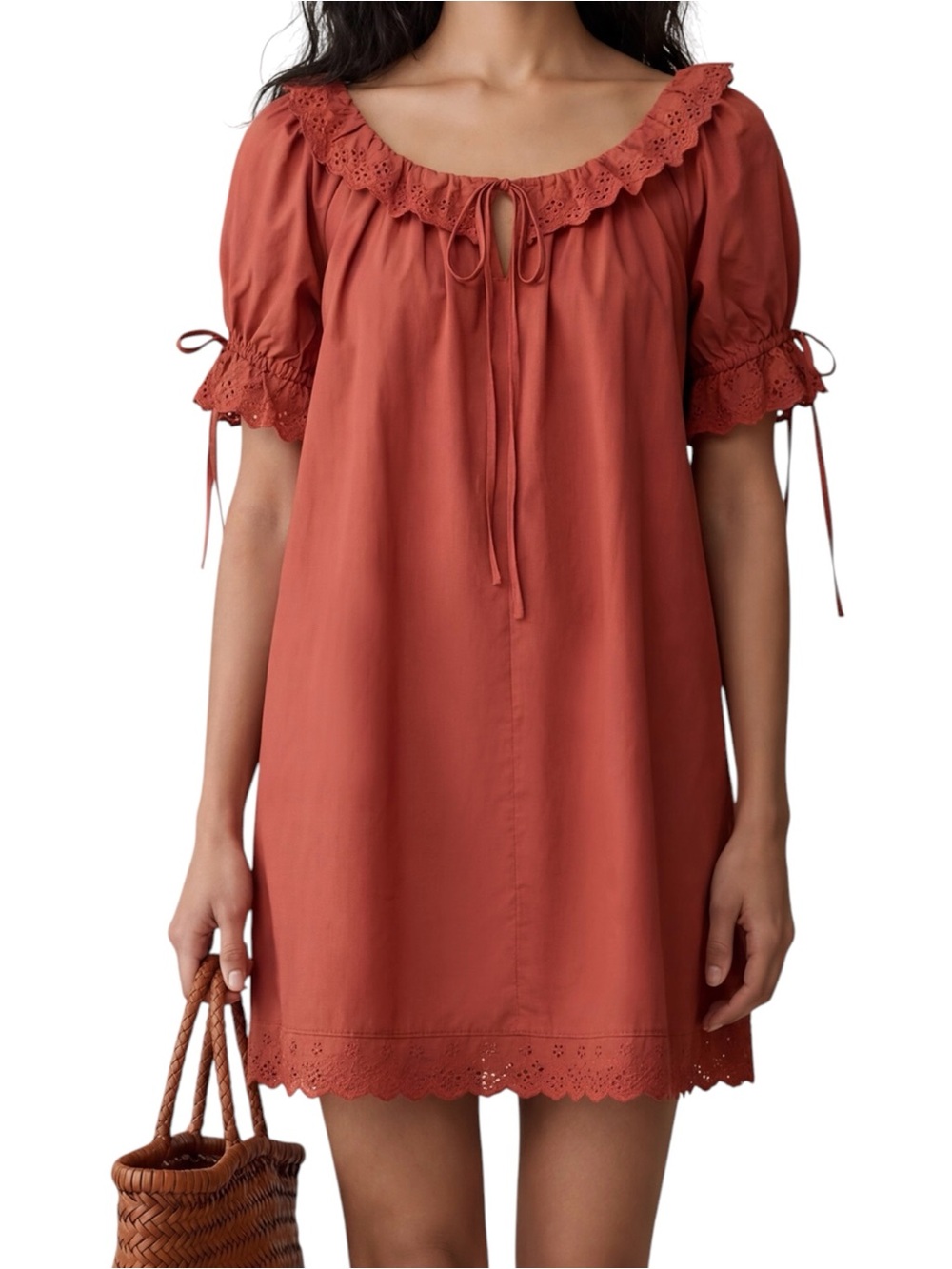 Kourt Few Moda Juliet Cotton Peasant Dress Rust Orange Eyelet Lace Ruffle Trim